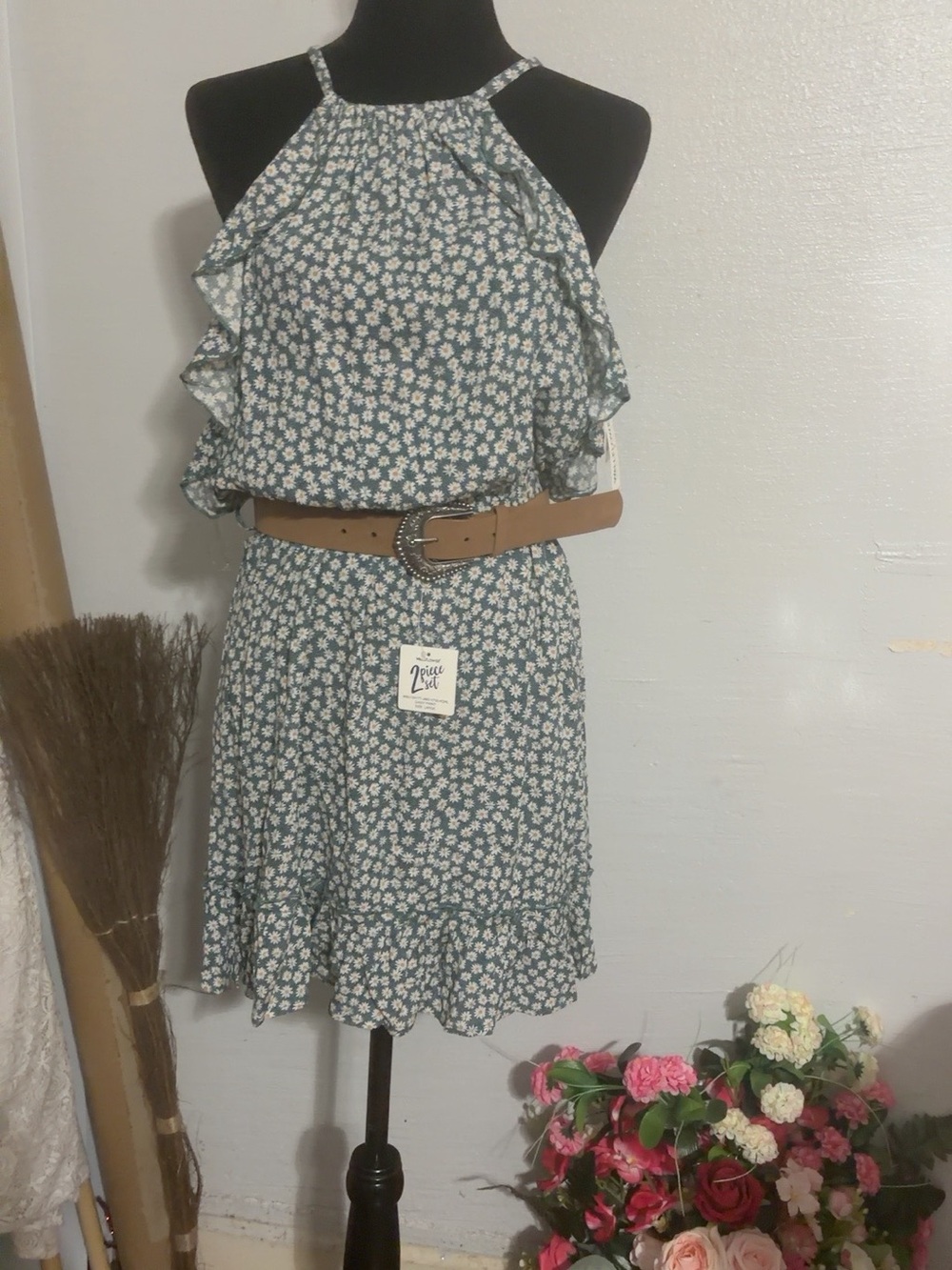 Wallflower Teal Floral Halter Mini Dress with Ruffle Trim